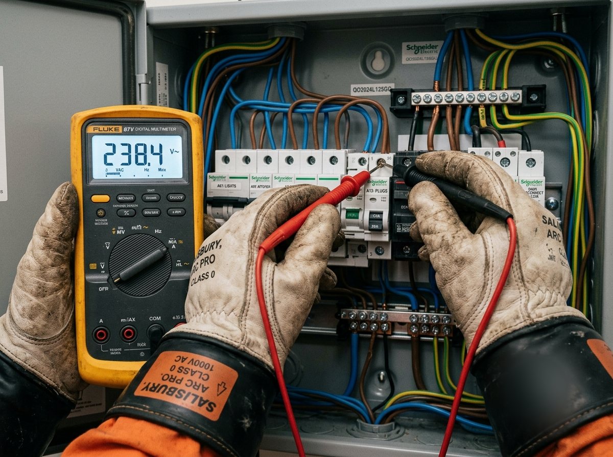 Contrôle de tension au multimètre sur un tableau électrique, mise en sécurité